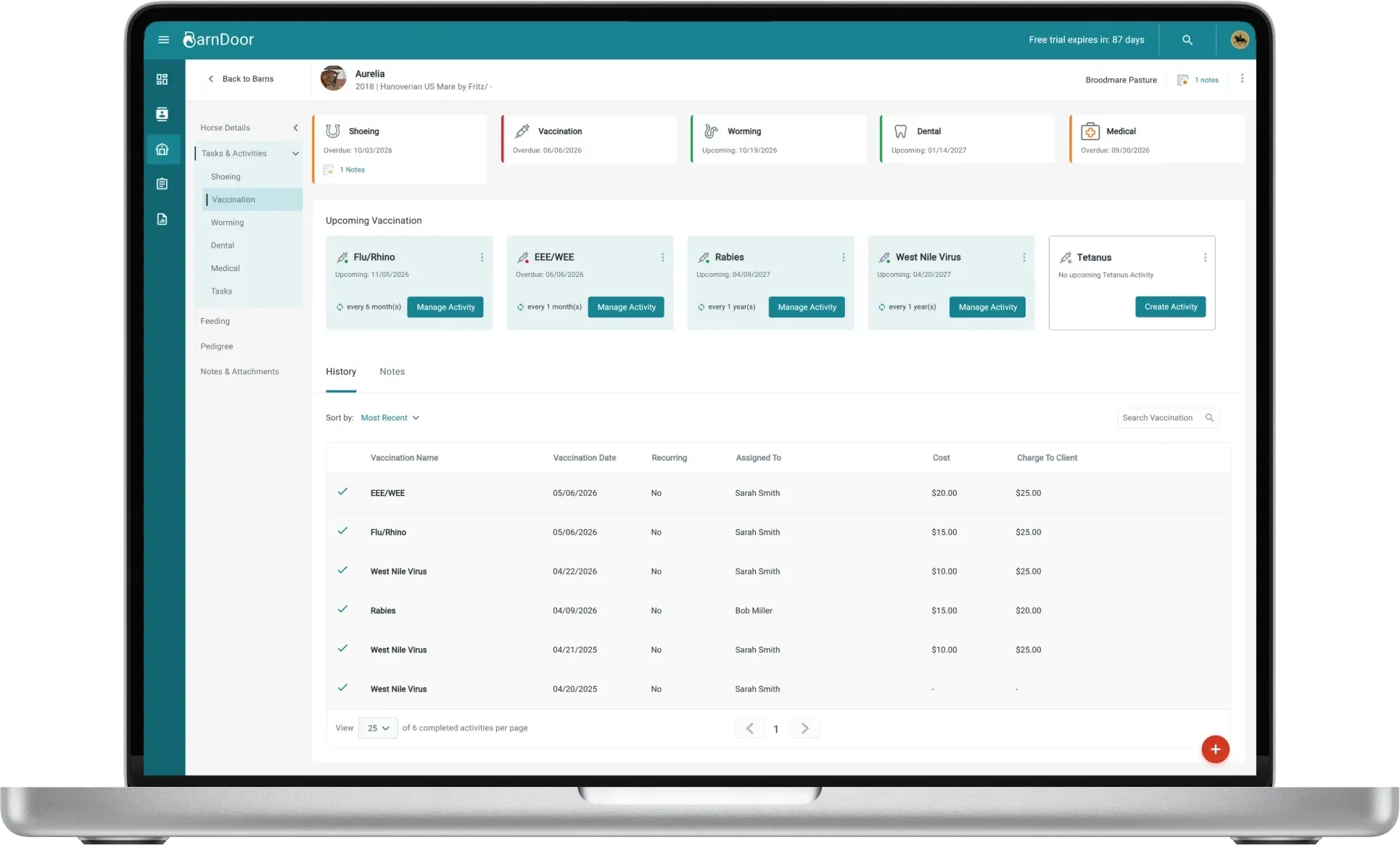 BarnDoor web app showing the vaccination details of a horse
