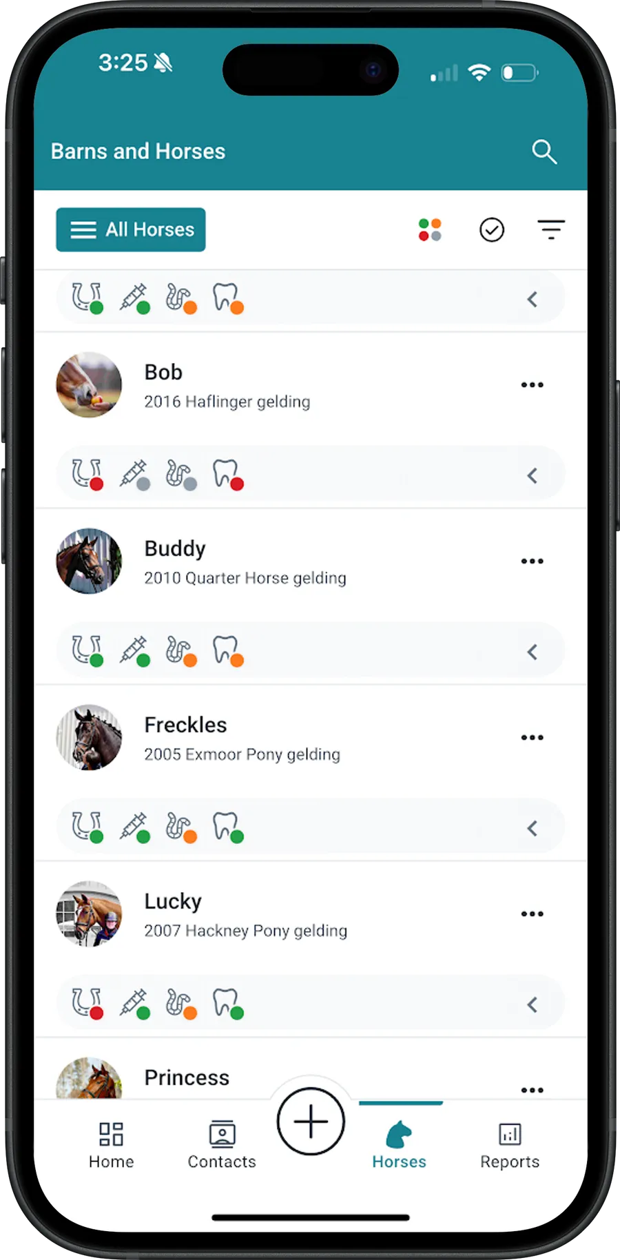 BarnDoor mobile app showing the list of horses with their status icons