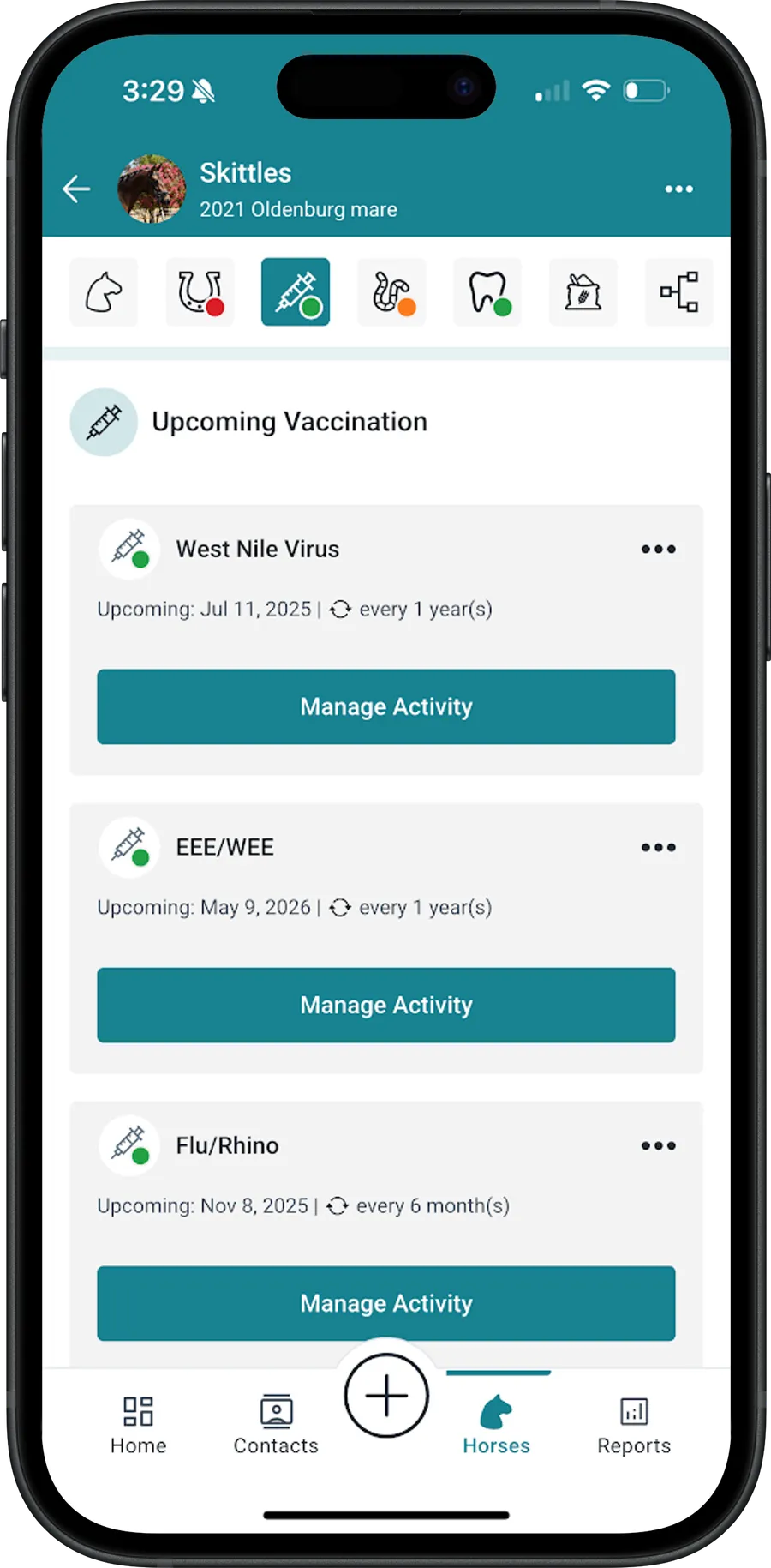 BarnDoor mobile app showing the vaccination details of a horse